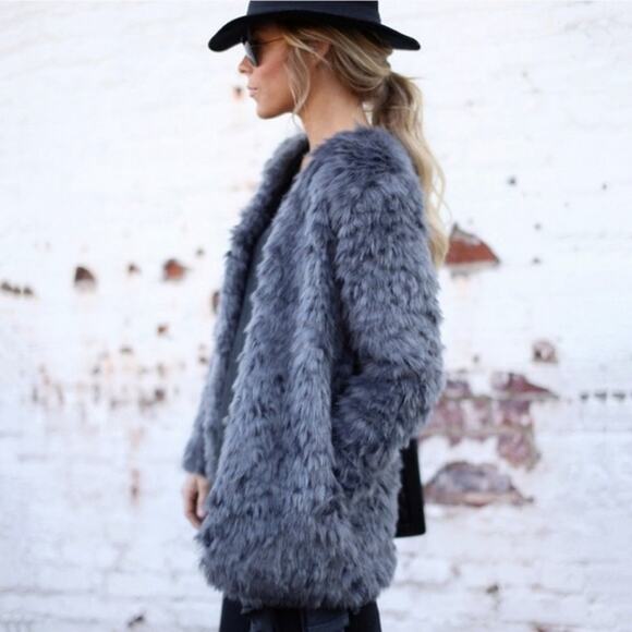 WAYF Faux Fur Dark Gray Coat Jacket Teddy Womens Small Open Front Plush Grey - Picture 1 of 8